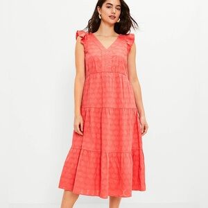 Loft Coral with Gold Shimmer Clip Flutter Midi Dress Tiered Vneck Flowy Size L